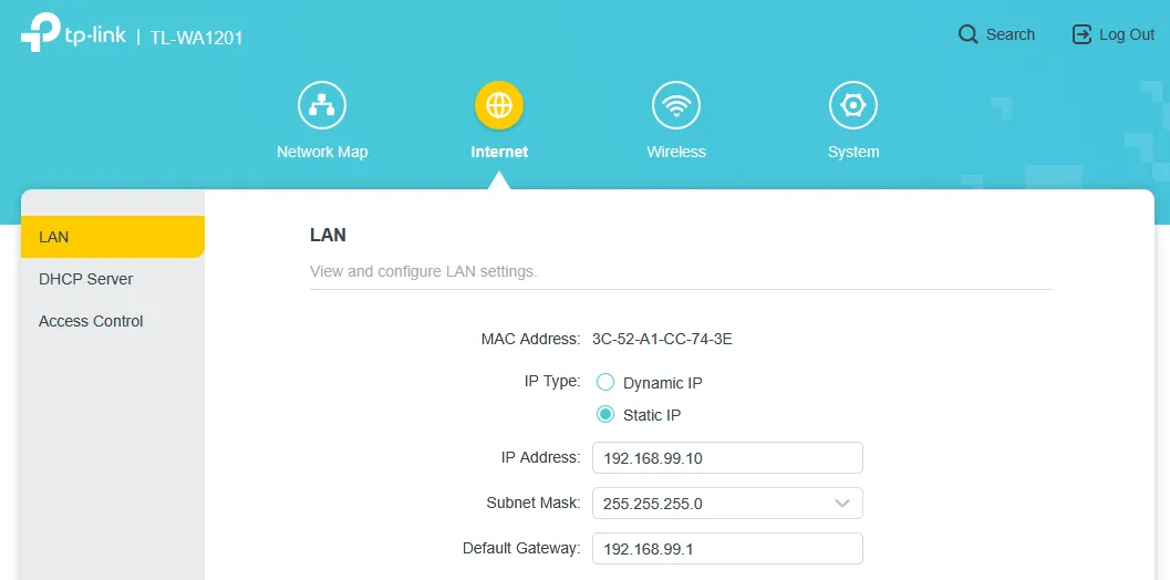 Access point static IP configuration