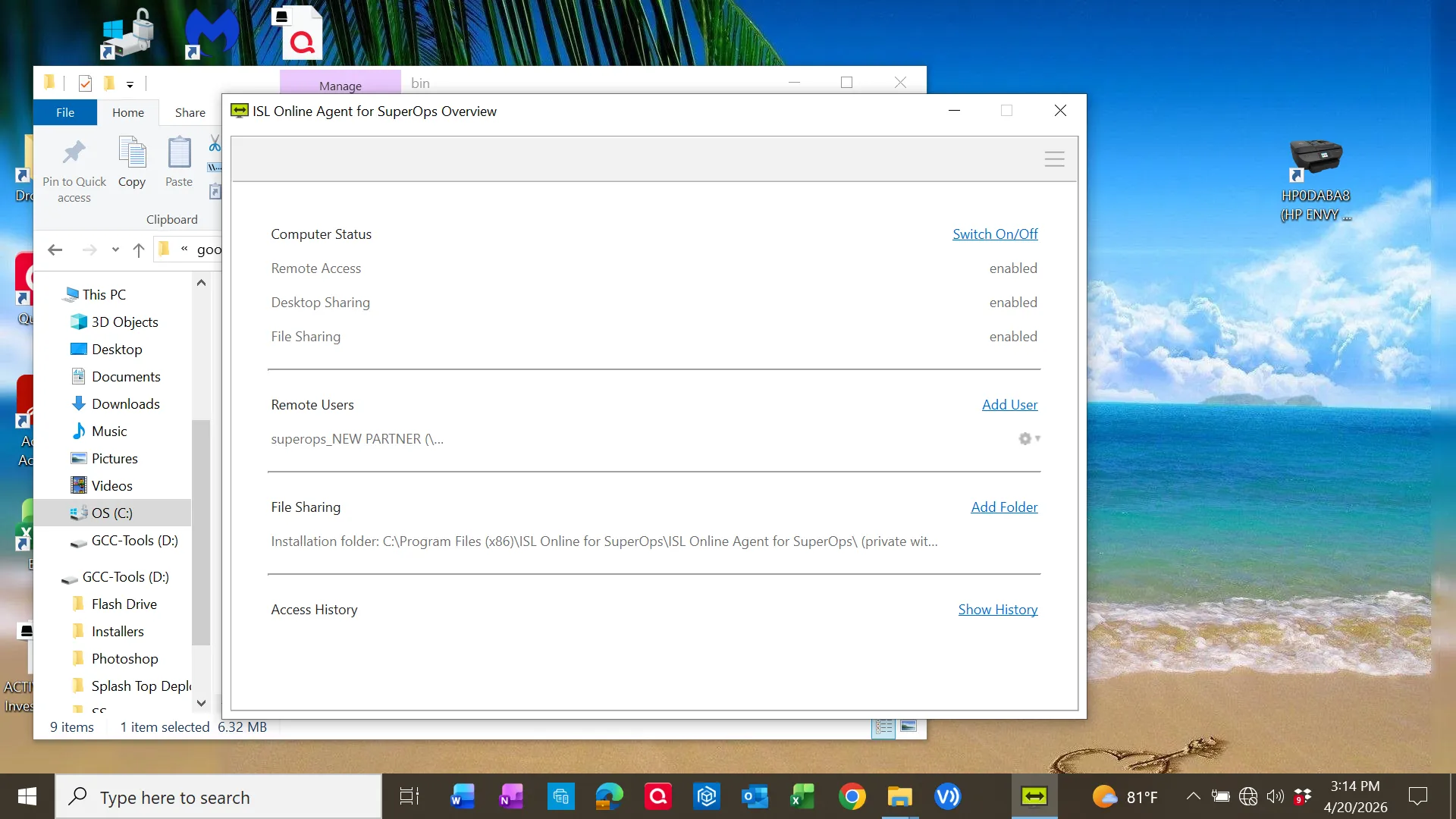 ISL Online Agent interface showing remote access enabled