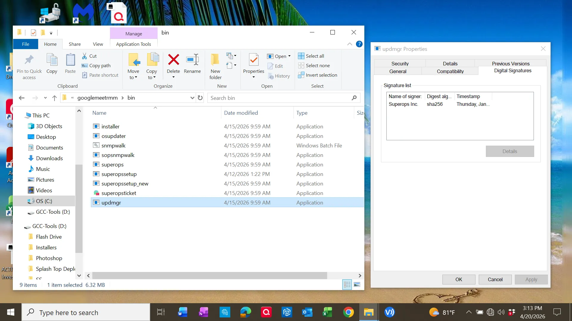 Binary directory showing updater executable