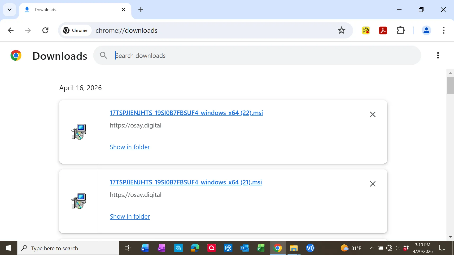 Chrome downloads showing MSI files from osay.digital