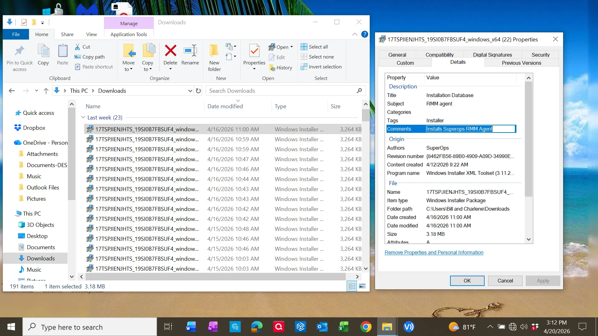 MSI metadata showing RMM agent comment