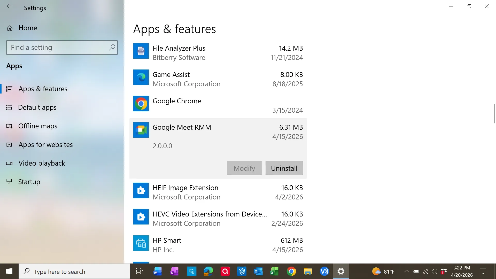 Installed application masquerading as Google Meet