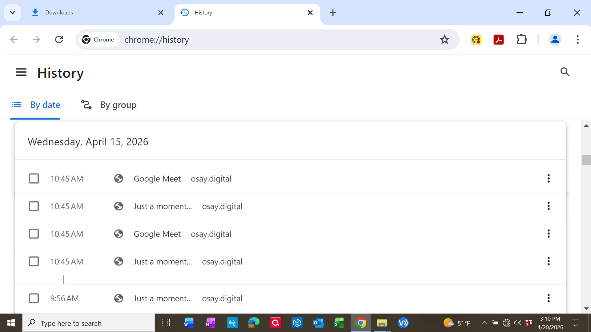 Browser history showing access to osay.digital fake Google Meet site