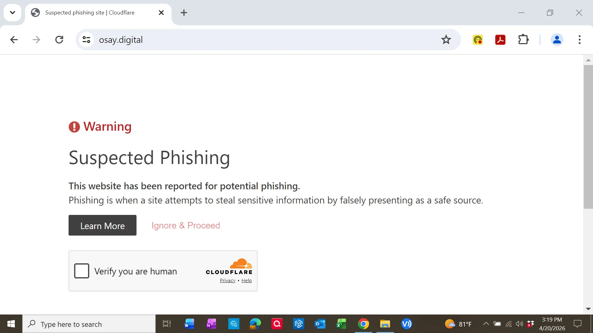 Cloudflare phishing warning for osay.digital
