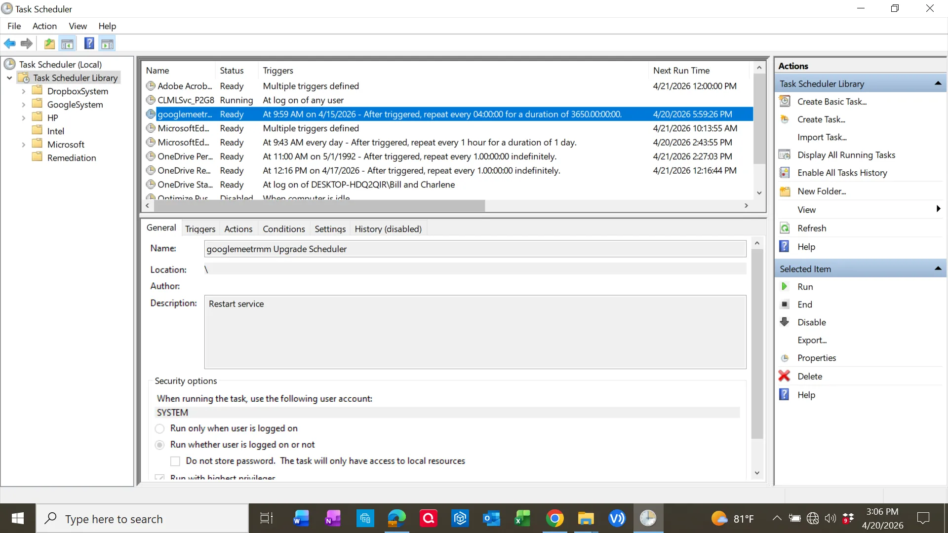 Task Scheduler showing persistence task googlemeetrmm Upgrade Scheduler running as SYSTEM